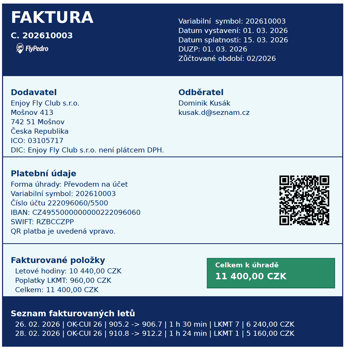 Screenshot detailu faktury FlyPedro