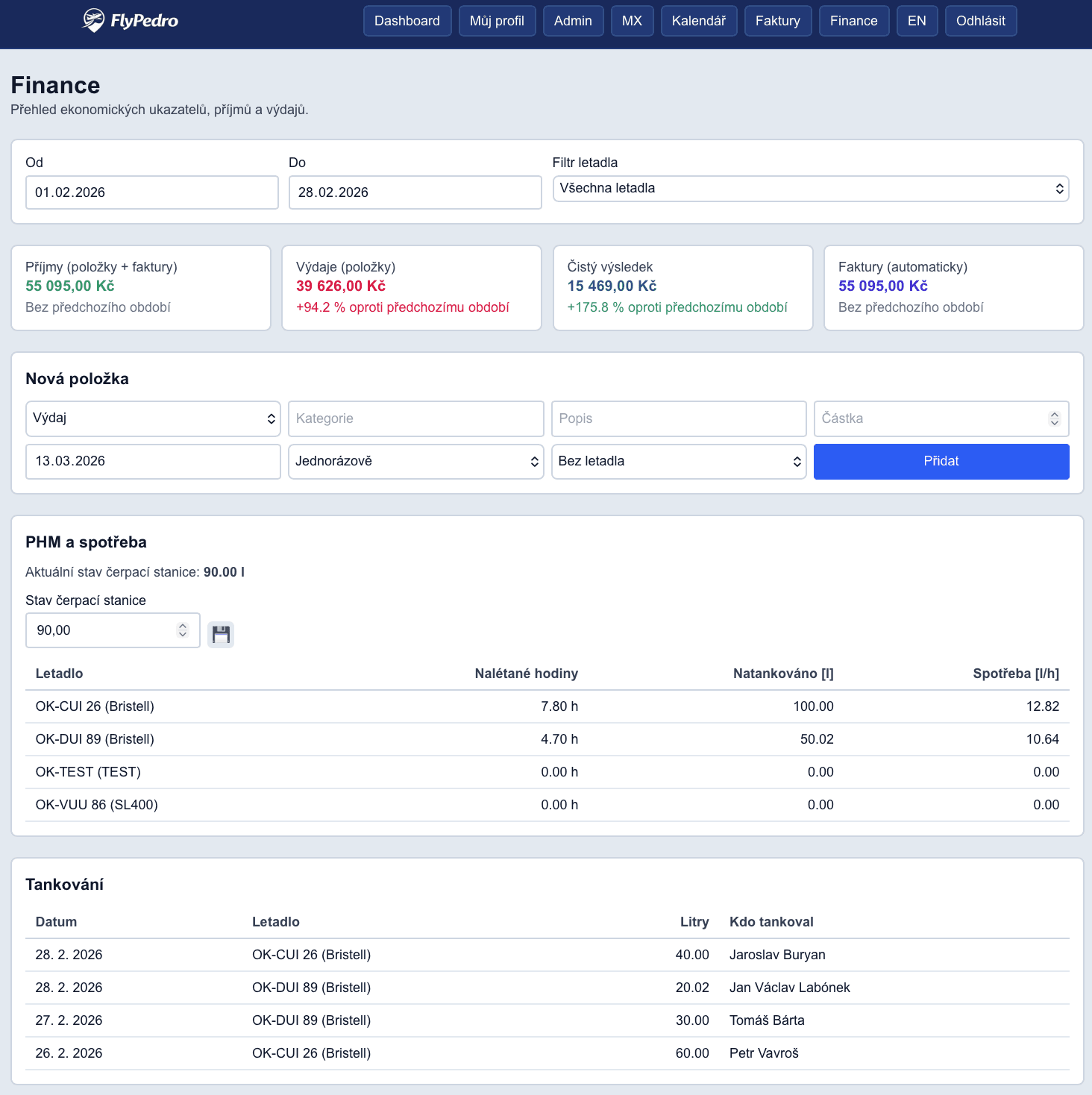 Screenshot financí FlyPedro