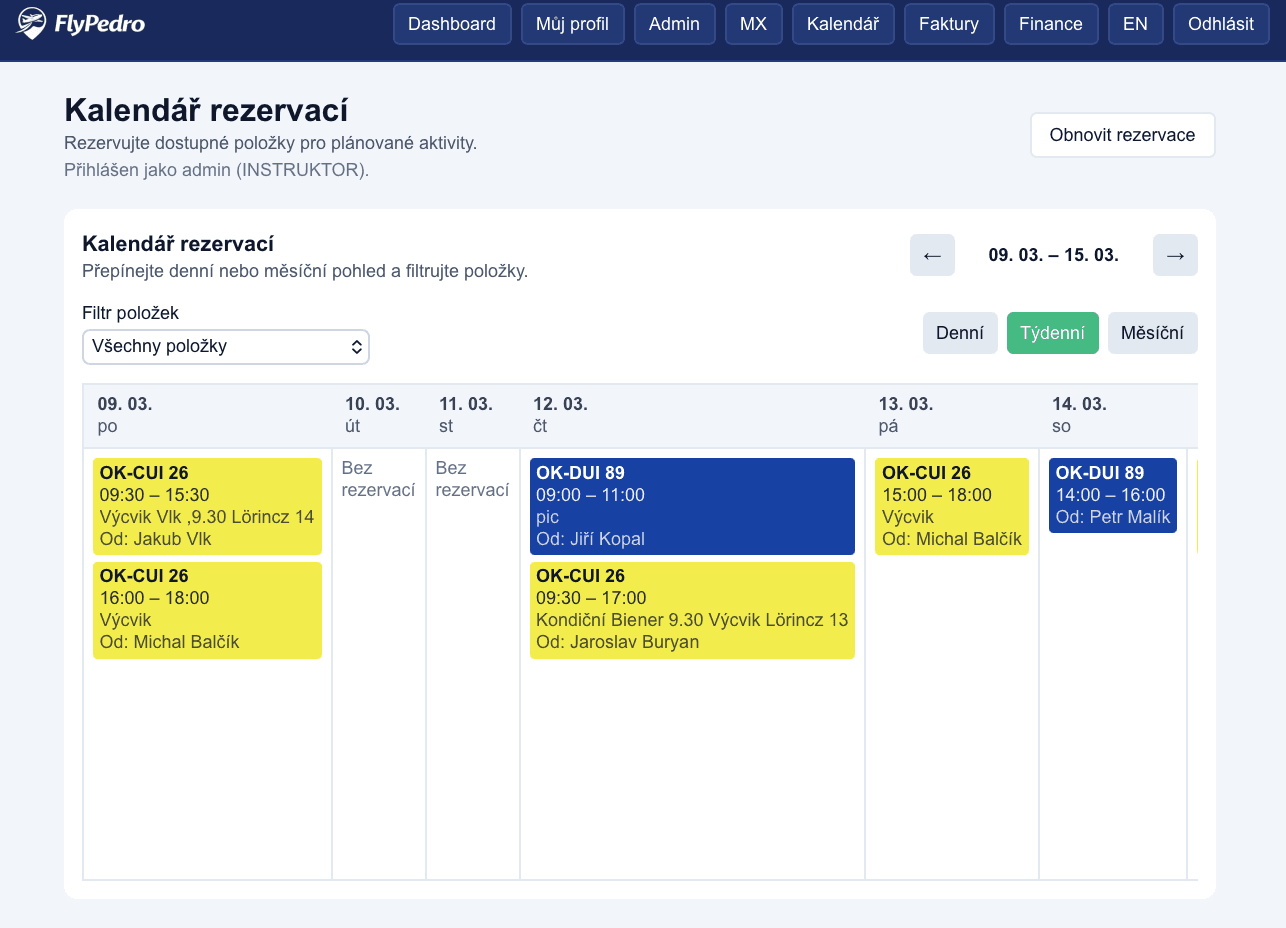 Screenshot kalendáře FlyPedro