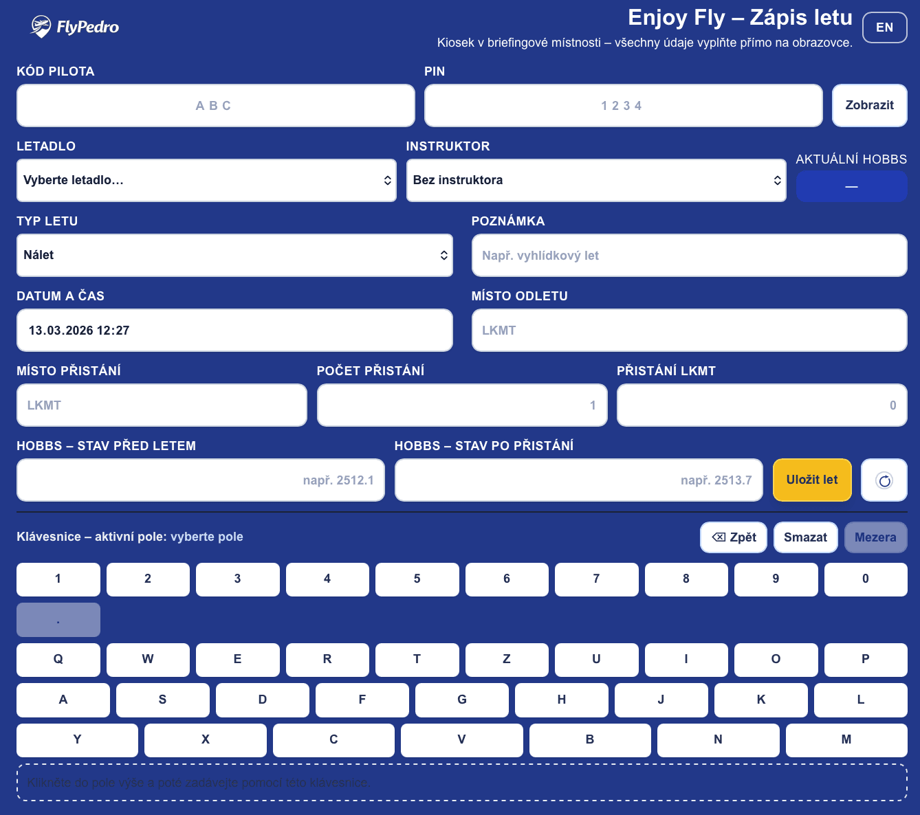 Screenshot kiosku FlyPedro
