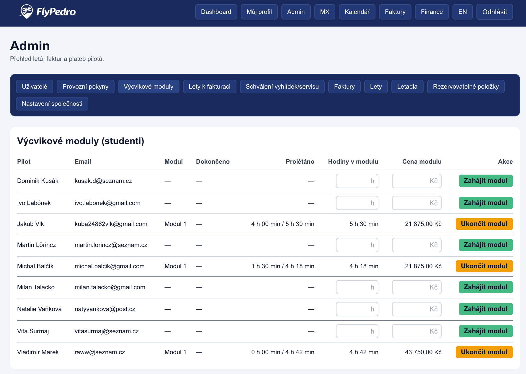 Screenshot tréninkového modulu FlyPedro