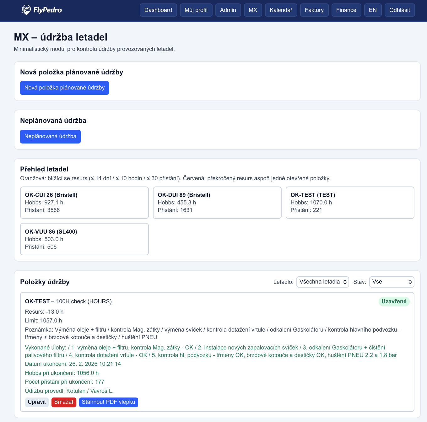 Screenshot modulu údržby FlyPedro
